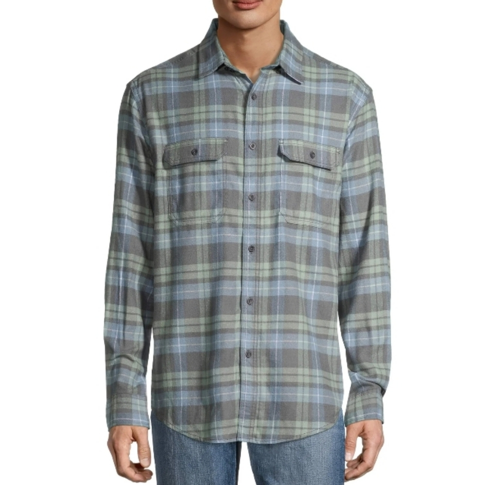 GEORGE Size. Large Long Sleeve Flannel Blue Cove Plaid Button Down Shirt